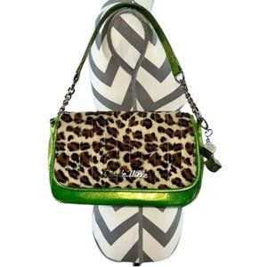 Lux de Ville Mini Gambler Lime Green Sparkle with Leopard Fur Bag